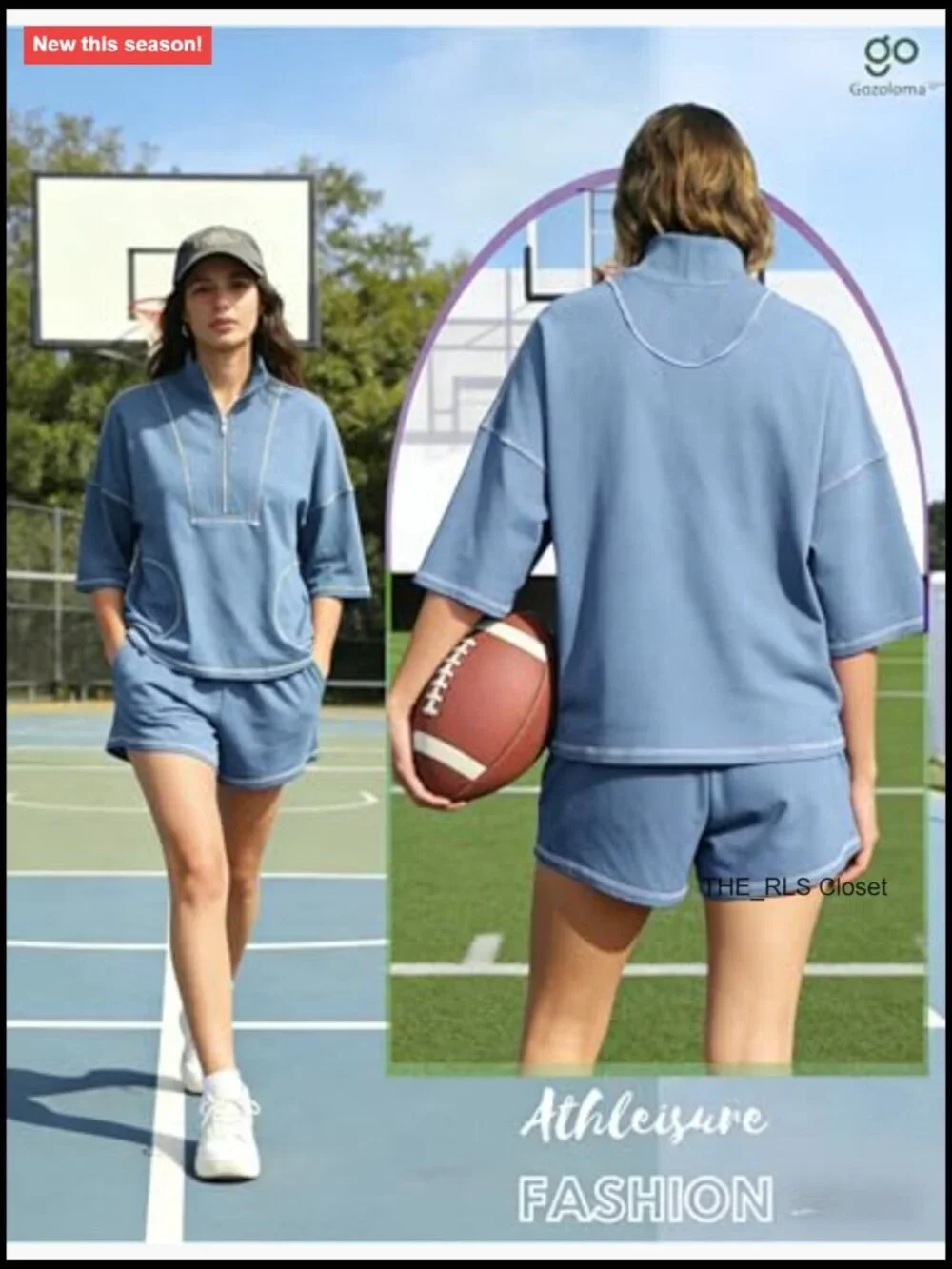 Cotton Blend Matching Set Half-Zip Top and Shorts with Pockets